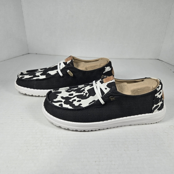 Hey Dude Wendy Animal Black and White Cow Print Shoes Size W9 - Picture 3 of 11